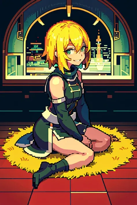 pixel, pixel art, 1girl, blond hair, sitting down on floor, body, smile, cozy,