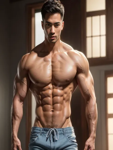 Asian male celebrity, masterpiece, best quality, high quality, Extremely detailed CG unified 8k wallpaper, (actual, photoactual : 1.3), (original photo: 1.2), Man body set abs, Strong body, Strong muscles,Full chest muscles ，rough real skin，healthy-looking...