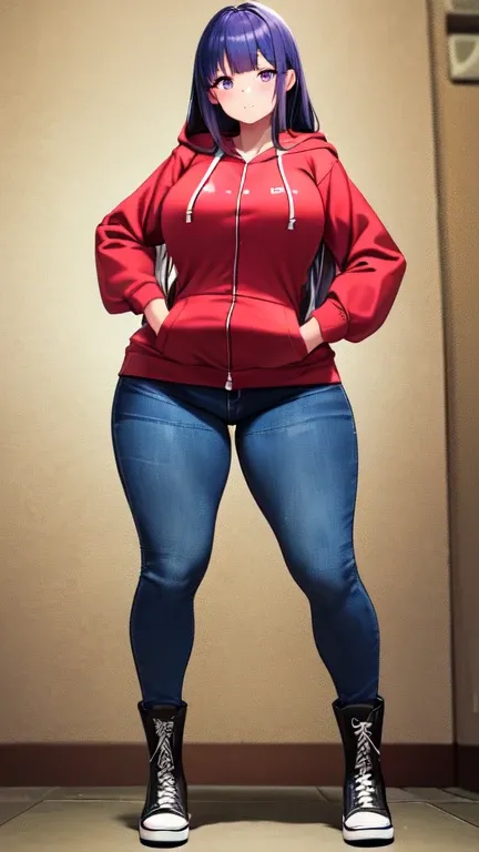 (5 foot 5 inch Anime girl wearing a ((red zip up hoodie over a shirt)), (blue jeans), and black knee high lace up converse boots with round toes), Large breasts, thick thighs, cute, full body image, sliver long hair, purple eyes, quality images, ((high qua...