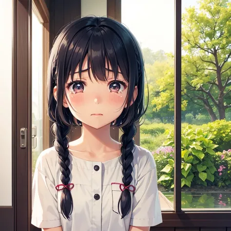 Aiko Tanaka (a simple girl with braided hair, crying). Isolated in your home, breeze, wind, reflection.