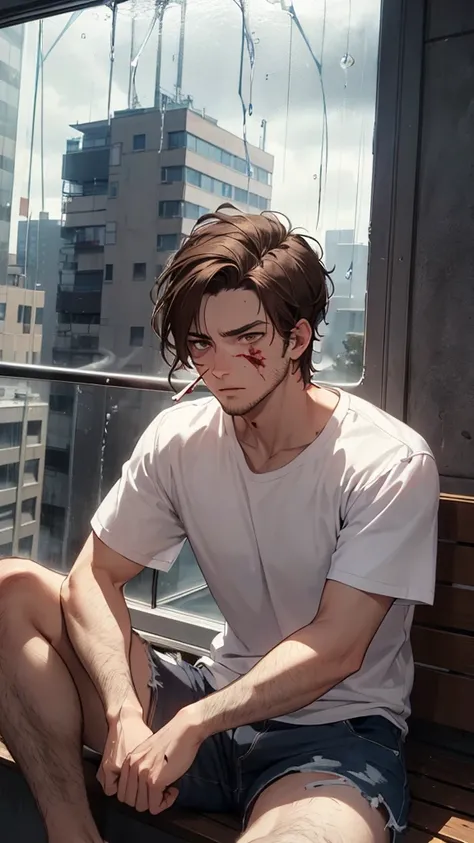 24 years old man. ((Brown hair, brown eyes, straight hair, hunter eyes)) Man with insane sorrow. He is smoking in his balcony with a rainy view. His white t-shirt has blood stains. He is wearing shorts. He has no beard or a mustache. He is looking at the c...