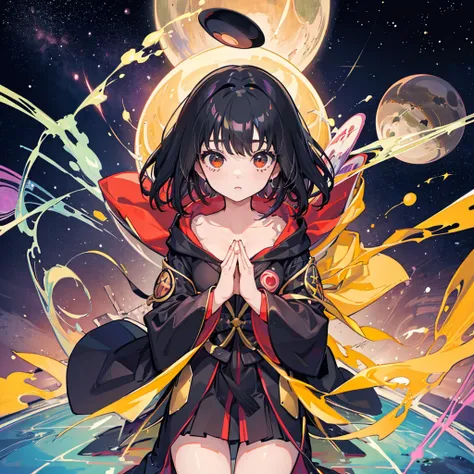 (1 girl, black hair, black robe, praying, kawaii), (universe, various planets)