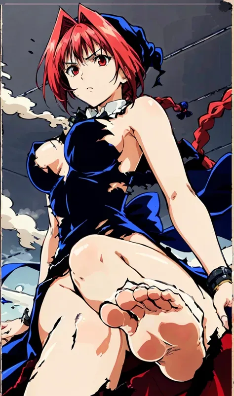 masterpiece, highest quality,High resolution,Dorothy, redhead,red eyes,Braid, One of the chest parts of the clothes is torn、Dirt smoke、black dress、Super detailed、Both hands and feet are restrained