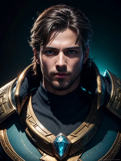 ((best quality)), ((masterpiece)), (detailed), high resolution, closeup portrait, A man, handsome and attractive，blue eyes，，greek god, fantasy, League of Legends style, beautiful figure painting, bright light, amazing composition, Front view, human develop...