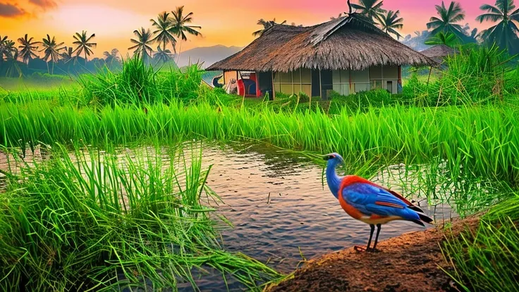 a close-up image of a cozy malay village house by the stream,againts a blurred background of a paddy fields view in the dawn wit...