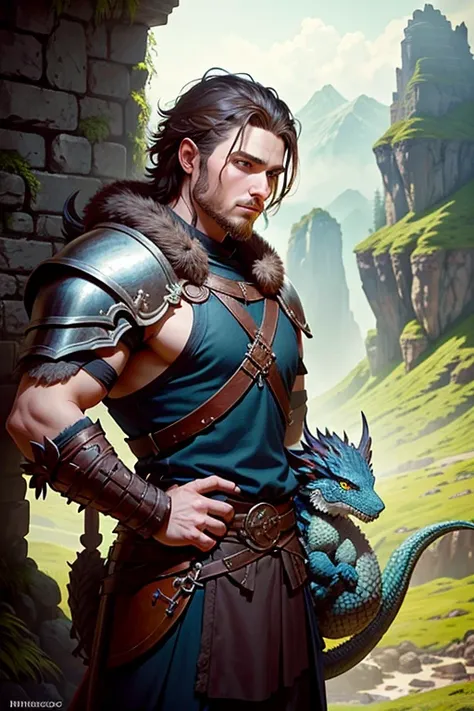 A young Viking warrior and his pet dragon., not something from a mountain observing the enemy terrain, The man is holding a staff and the dragon is behind him., detalles intrincados, Fantasy Art, Asombroso, arte premiado.