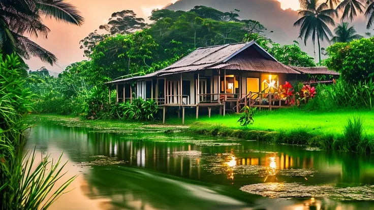 a close-up image of a cozy malay village house by the stream and paddy fields view at dawn with birds and dews, nature photograp...