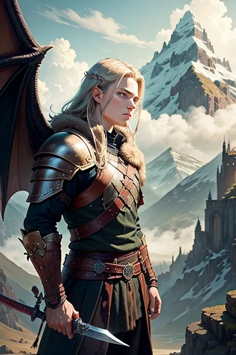 A young Viking warrior and a dragon. mountain observing the enemy terrain, The 18 year old boy is holding a sword and the oversized dragon with wings is behind him., detalles intrincados, Fantasy Art, Asombroso, arte premiado.