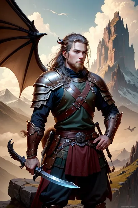 A young Viking warrior and a dragon. mountain observing the enemy terrain, The 18 year old boy is holding a sword and the oversized dragon with wings is behind him., detalles intrincados, Fantasy Art, Asombroso, arte premiado.