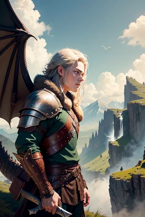 A young Viking warrior and a dragon. mountain observing the enemy terrain, The 18 year old boy is holding a sword and the oversized dragon with wings is behind him., detalles intrincados, Fantasy Art, Asombroso, arte premiado.