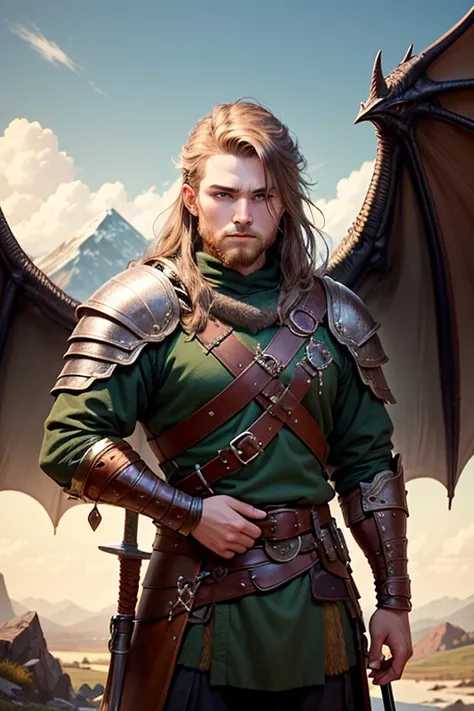 A young Viking warrior and a dragon. mountain observing the enemy terrain, The 18 year old boy is holding a sword and the oversized dragon with wings is behind him., detalles intrincados, Fantasy Art, Asombroso, arte premiado.