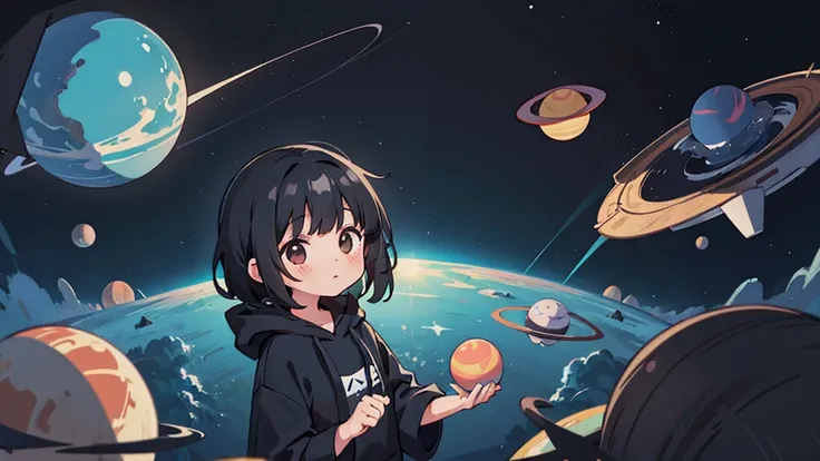 (1 girl, black hair, black hoodie), (universe, various planets)