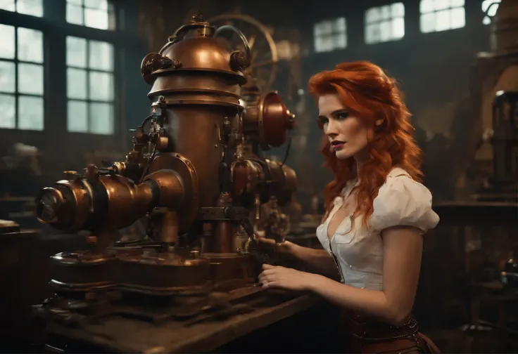 full body shot of Bella Thorne as a sexy busty steampunk girl with red hair, working on a steampunk robot inside her workshop, detailed face, detailed skin, masterpiece, 16K, in steampunk style, full body shot, not looking at the camera, made in steampunk ...