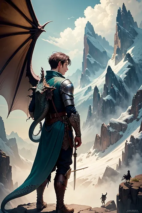 A young man and his dragon in the mountains observing the terrain. The young man is holding a sword and the dragon is behind him, detalles intrincados, Fantasy Art, Asombroso, arte premiado.