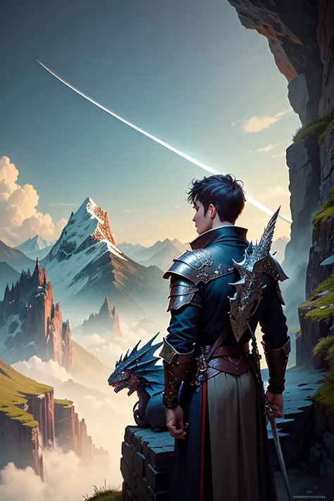 A young man and his dragon in the mountains observing the terrain. The young man is holding a sword and the dragon is behind him, detalles intrincados, Fantasy Art, Asombroso, arte premiado.