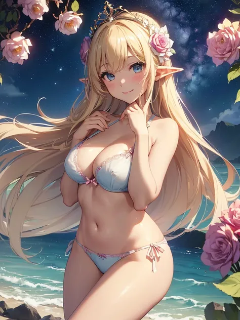 highest quality、Highest image quality、masterpiece、Super beautiful elf beauty((22 years old OL big bust、Bust 98,beautiful long ironed hair、blonde、elf ears、rose flower tiara、bikini、nice buddy、slender、Close-up、Esbian、High quality、beautiful art、background star...