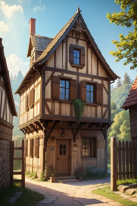 small medieval village　wooden wall　Wooden house