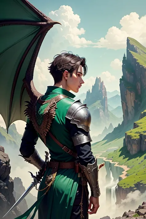 A young man and his dragon with green wings in the mountains observing the terrain. The young man is holding a sword and the green dragon is behind him, detalles intrincados, Fantasy Art, Asombroso, arte premiado.