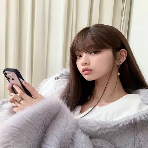 mulher araffe com um casaco de pele segurando um telefone celular, Lalisa Manobal, Lalisa Manoban do Blackpink, parque roseanne de blackpink, jossi do blackpink, com franja completa, com franja, portrait of jossi do blackpink, Ulzzang, long hair com franja...