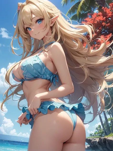 highest quality、Highest image quality、masterpiece、Super beautiful elf girl facing backwards((22 years old OL big bust、Bust 98,beautiful long ironed hair、blonde、、nice buddy、slender、Close-up、Esbian、High quality、beautiful art、background blue sky sunny sky、bea...