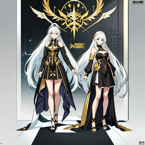 anime characters with white hair and black dress with gold accents, anime girl wearing black dress, anime character design, deta...