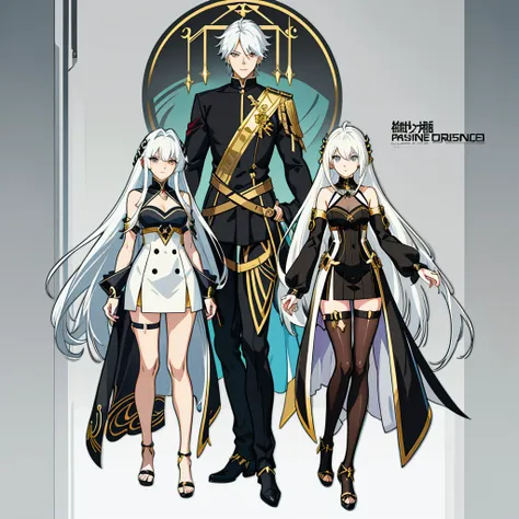 anime characters with white hair and black dress with gold accents, anime girl wearing black dress, anime character design, deta...