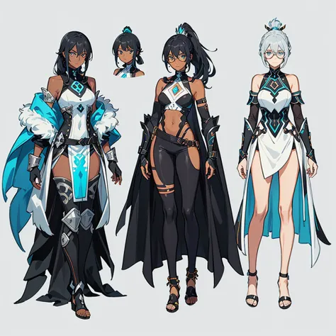 (((concept Art))), (((One character))), Female, (((Dark Skin)))), Black Hair with Ponytail, Light Blue Eyes, Round Glasses with a Slightly Dark Lens with this Lens being Orange, and the Light Blue Color frame, ((Black Metallic Gauntlets and Greaves with si...