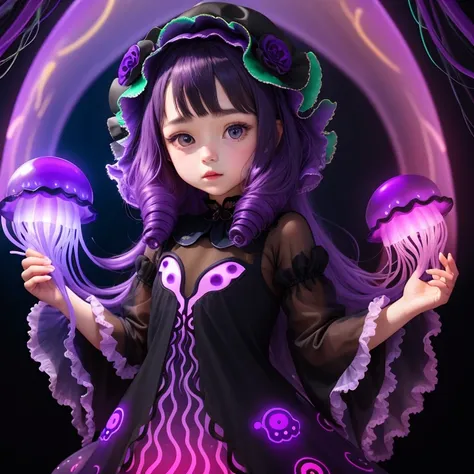 girl wearing a jellyfish dress. black jellyfish and purple glow. Black tentacles lined up with purple luminescent bodies. deep sea.