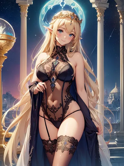 highest quality、Highest image quality、masterpiece、Super beautiful elf beauty from behind((22 years old OL big bust、bust 90,beautiful long ironed hair、blonde、、、slender、Close-up、Esbian、beautiful tiara、High quality、beautiful art、background((starry ski)))muste...