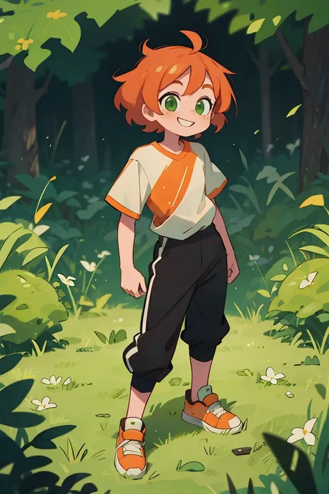 masterpiece, 4k, detailed, extreme detailed, thin,  10 years old, male, shaggy short orange hair, green eyes, smiling, red short sleeve shirt, black pants, hitop sneakers, full body, standing on grass