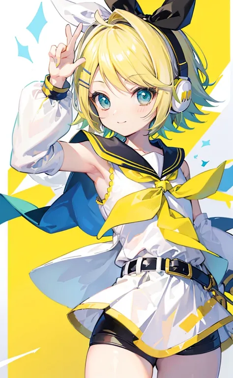 top-quality、super precision、Onegirl、(kagamine_Rin)、Green eyes、Cute  s、Shorthair、White hair ribbon、hair clips、headphones、a blond、a sailor suit、Black shorts、a belt、Yellow neckerchief、Sleeveless、ssmile、High school students、Older sister、white backgrounid