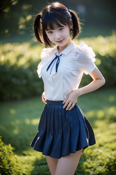 ((white short sleeve blouse、ultra mini pleated skirt、dark blue)), ((red tie))、 ((black boots))、((whole body esbion))、((side shot))、((、small and flat chest))、Beautiful girl with realistic black eyes, white skin, medium length black hair, perfect face, perfe...