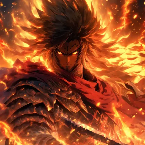 um homem de armadura segurando uma espada na frente de um fogo, por Yang J, handsome guy in the art of killing demons, epic fantasy art style, epic anime art, epic anime fantasy, epic fantasy style art, segurando uma espada flamejante, anime em fantasia es...