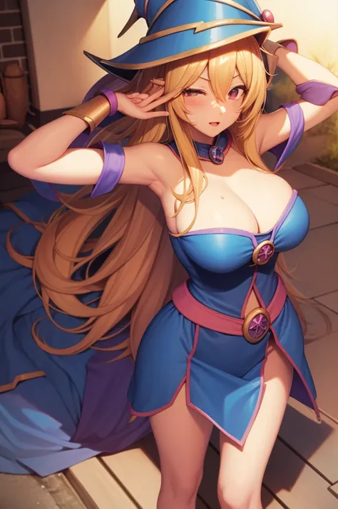 huge tit，cleavage，Anime girl with a hat on her head, Black Magician Girl, beautiful dark magician girl, female mage!, dark magician girl from yu-gi-oh, pretty sorceress, flirty anime witch casting magic, hero 2 d fanart artsation, mighty plump female sorce...