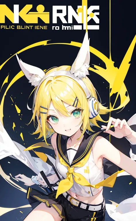 top-quality、super precision、Onegirl、(kagamine_Rin)、Green eyes、Cute  s、Shorthair、White hair ribbon、hair clips、headphones、a blond、a sailor suit、Black shorts、a belt、Yellow neckerchief、Sleeveless、ssmile、High school students、Older sister、white backgrounid