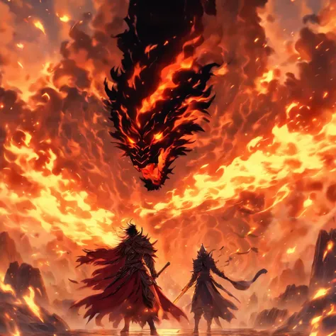 um homem de armadura segurando uma espada na frente de um fogo, por Yang J, handsome guy in the art of killing demons, epic fantasy art style, epic anime art, epic anime fantasy, epic fantasy style art, segurando uma espada flamejante, anime em fantasia es...