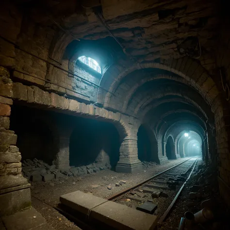 underground,tunnel,secret passage,subterranean labyrinth,dimly lit,echoing footsteps,damp walls,mysterious shadows,ancient artifacts,flickering torches,hidden doorways,curved arches,abandoned chambers,dusty cobwebs,whispering voices,submerged river,crumbli...