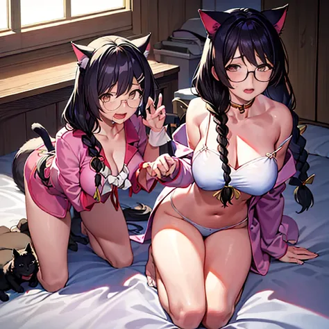 hanekawa tsubasa、attack of glasses、black hairの、big breastsのヌード、 (black hair, brown eyes, round face), big breasts, With ribbon, (blush your nose, Naughty, half-open eyes, drooling),on the bed in the infirmary, [full body shot]、BDSM、Lots of love juice、pale ...