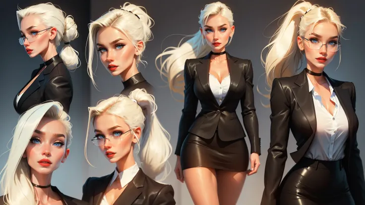 ((Masterpiece, Highest quality)), Detailed face, (character design sheet), full bodyesbian, Full of details, frontal body view, back body view, Highly detailed, Depth, Many parts, Multiple poses and expressions (young woman with ponytail blond hair) (light...