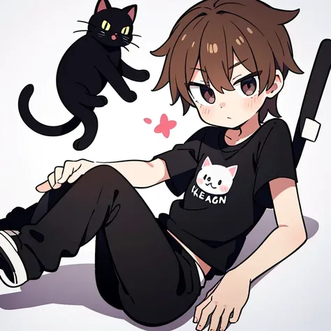 Boy with short brown hair posing for a photo wearing a black shirt with a cat on the print and black pants and white sneakers 