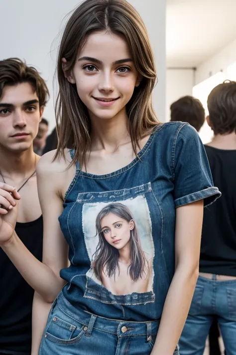 french female painter, 18yo, very skinny, anorexic, very small breast, dirty tshirt, cheerful, smile, took a photo with bearded man in dirty tshirt, in the art exhibition, very crowd, best quality, 4k, 8k, highres, masterpiece, ultra-detailed, realistic