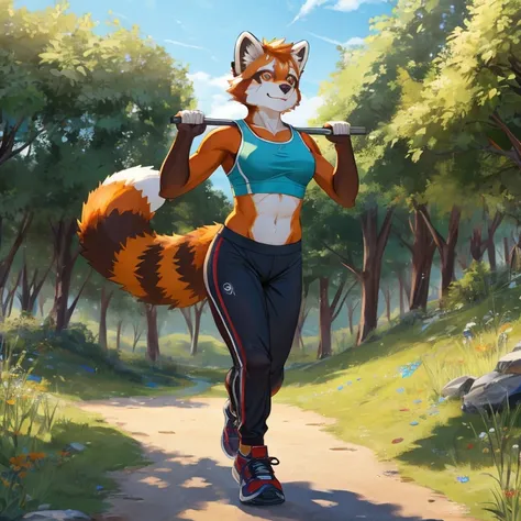 Red panda，Exercising，Open area，fuzzy，Detailed character details