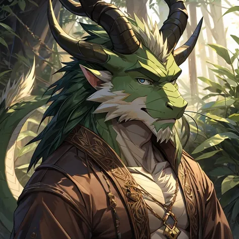 green dragon man，Bark skin，There are horns on the head，There is a tail behind him，long whiskers，Lean，Detailed character details