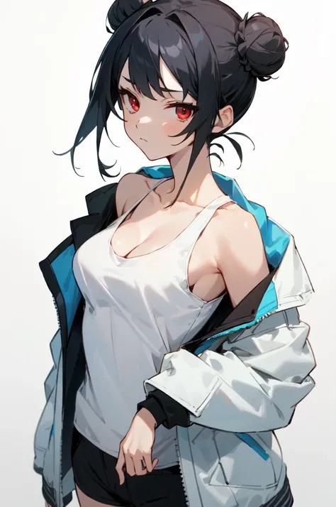 (((masterpiece))), red eyes, 1 girl, alone, looking at the viewer, 1 bun, black hair, long sleeve, cleavage, medium breasts, closed mouth, clavicle, Jacket, white tank top, open Jacket, black Jacket, shorts,Expressionless,Two-dimensional beautiful girl,ani...