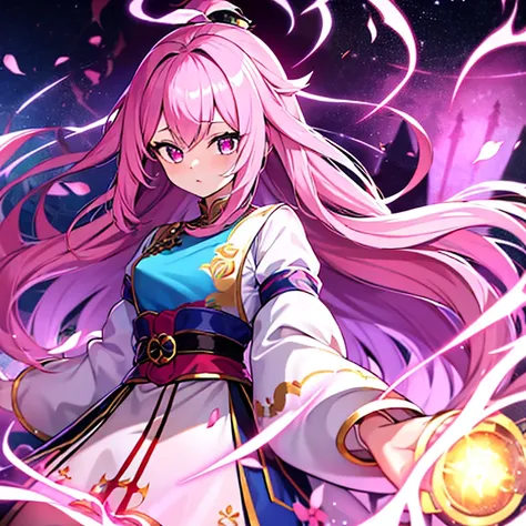  personagem feminino nos tempos coreano com as vestes medievais com as cores rosa, white and lilac and she is a bomb master with long hair,cheio e ondulado  castanho escuro que nem os olhos e pele parda em estilo anime.