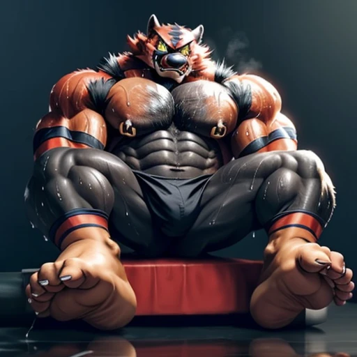 anthro incineroar, big feet, plantigrade feet, swollen soles, growing feet, grey soles, ((sweat dripping from soleig pecs, muscles, nipple piercing,