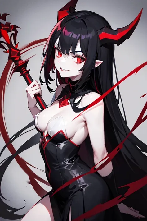 Dark evil devil Woman, Short red and black hair, Long black devil horns on head (with red outlines), Long evil sinister sharp teeth smile, black eyes with red pupils, white pale skin, black mist in background, Dark Red cap on back, Holding a long dark meta...