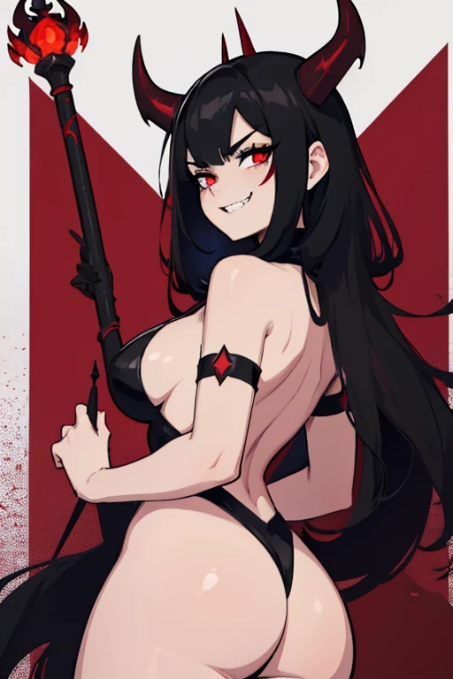 Dark evil devil Woman, Short red and black hair, Long black devil horns on head (with red outlines), Long evil sinister sharp teeth smile, black eyes with red pupils, white pale skin, black mist in background, Dark Red cap on back, Holding a long dark meta...