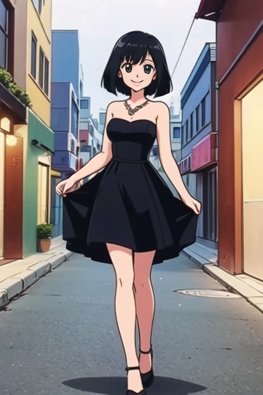 1 girl, Solo, Teenage, Black hair, Short black hair, Medium Hair, Bob Hair, Black eyes, Strapless, Little Black Dress, Off-the-Shoulders dress, pearl necklace, Smile, the Mexican city street, Sexy, masterpiece, High quality.