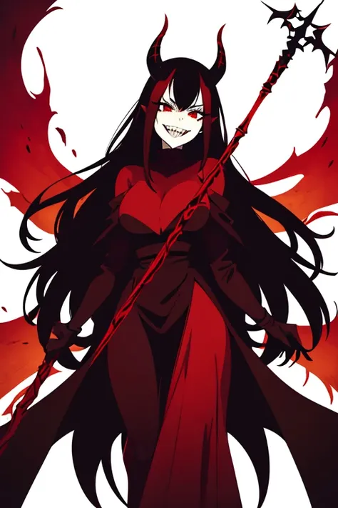 Dark evil devil Woman, long red and black hair, Long black devil horns on head (with red outlines), Long evil sinister sharp teeth smile, black eyes with red pupils, white pale skin, black mist in background, Dark Red cap on back, Holding a long dark metal...